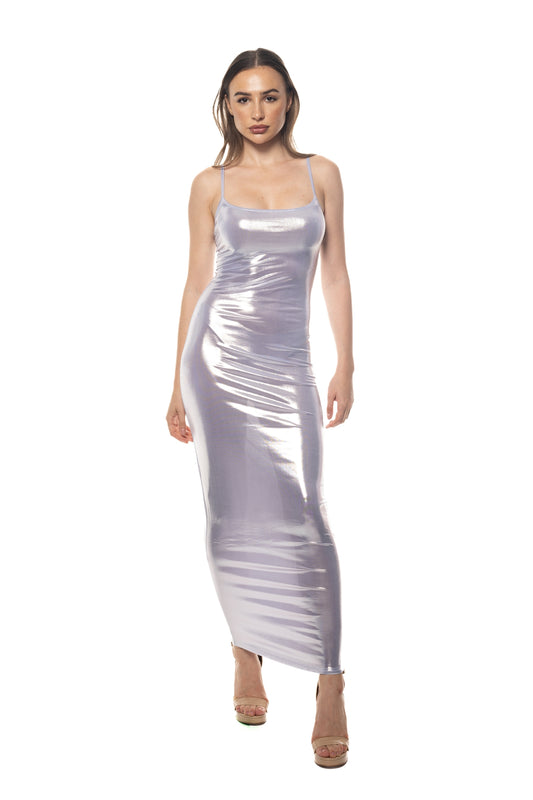 silver metallic maxi bodycon dress